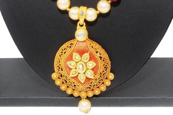 Preziamo Gold Plated Kundan Studded Pearl Necklace Set (Colour Red)